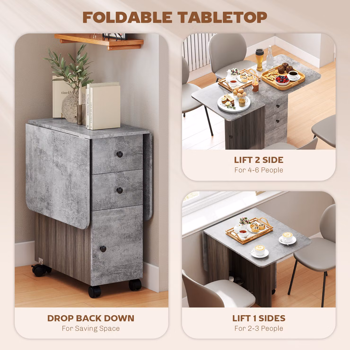 HOMCOM Modern Grey Foldable Drop Leaf Dining Table with Drawers and Storage Cabinet – 5