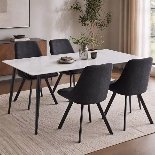 FWStyle Monaco 5 Piece Dining Set with White Sintered Stone Table and Black Chenille Chairs – 1