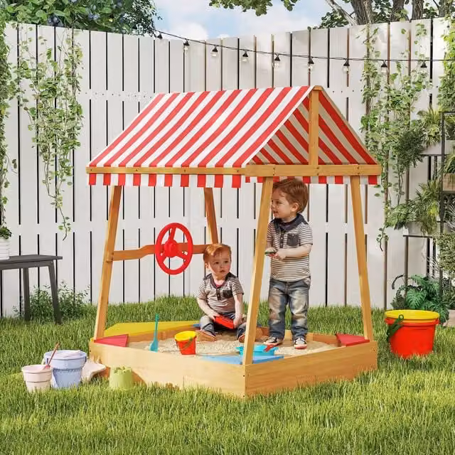 AIYAPLAY Kids Boat Style Sandpit with Canopy and Seats in Yellow