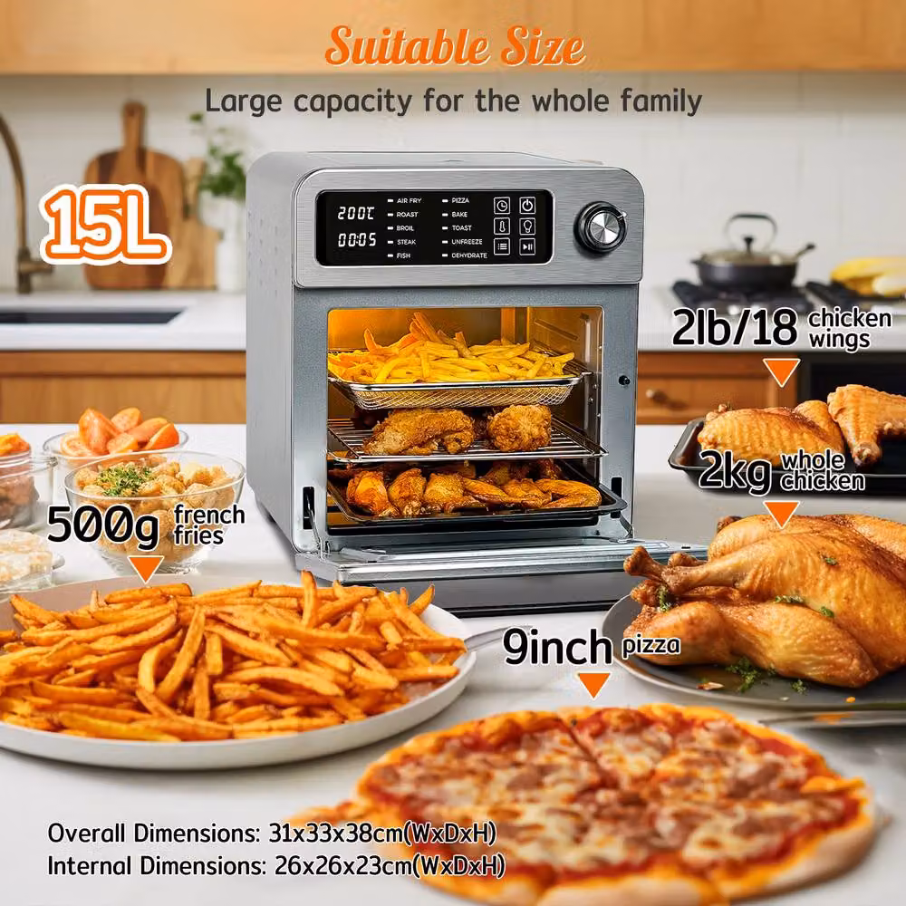 HYSapientia 15L Compact Air Fryer Oven with 1700W Power and Digital Display in Silver – 4