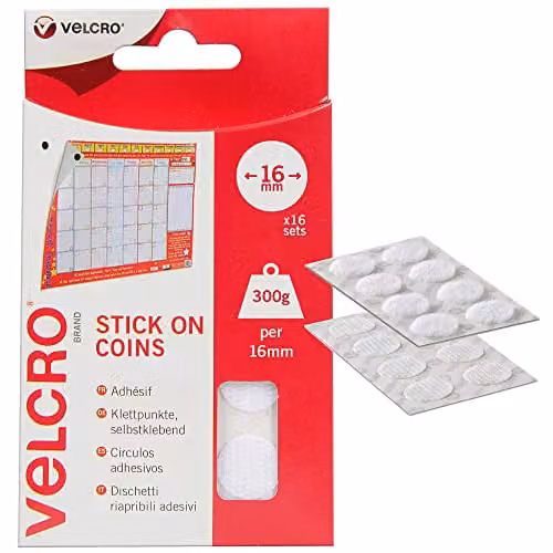 VELCRO Brand Stick On Coins Double Sided Self Adhesive Hook and Loop Dots, White, W: 1.6 cm x H: 1.6 cm, Set of 16