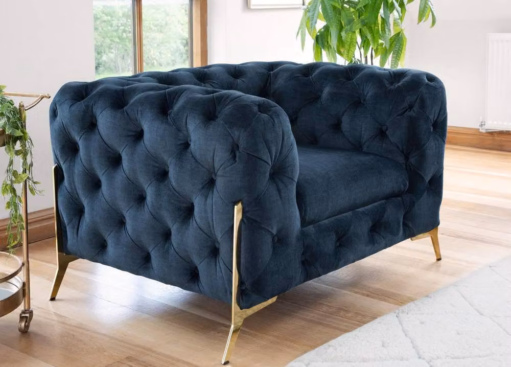 Stratus Interiors Blue Plush Velvet Chesterfield Sofa with Ottoman – 2