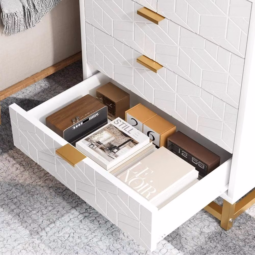 VOGREX Scandinavian Style White and Gold Geometric Chest of Drawers with Metal Accents – 3