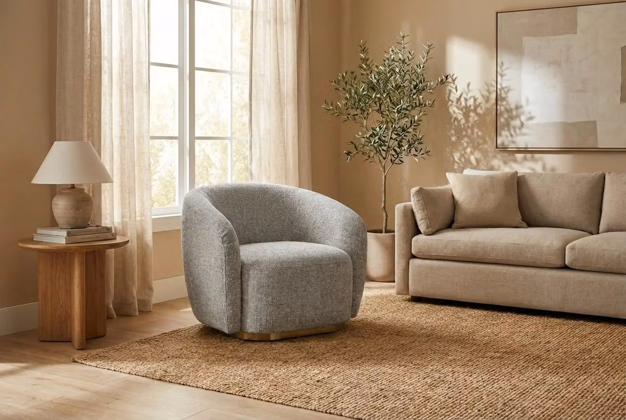Araco Atelier Cleo Armchair in Ashlar Beige and Grey Fabric