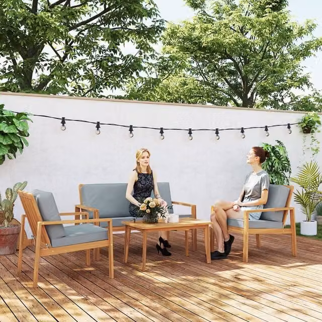 Outsunny 4 Piece Modern Garden Furniture Set with Cushions in Brown Lacquered Teak and Acacia Wood