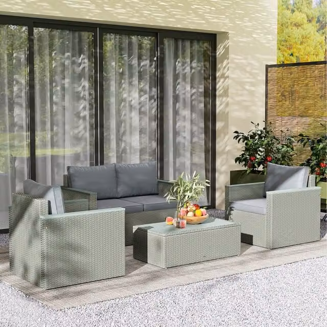 Outsunny 4 Piece Modern Rattan and Acacia Wood Garden Furniture Set in Grey