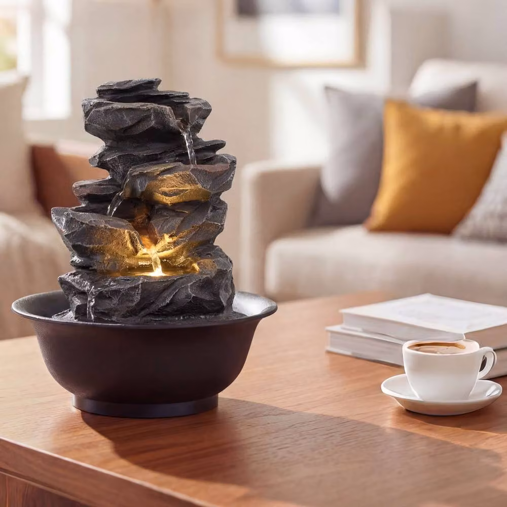 Gymax Desktop Cascading Water Fountain with LED Light in Black – 4