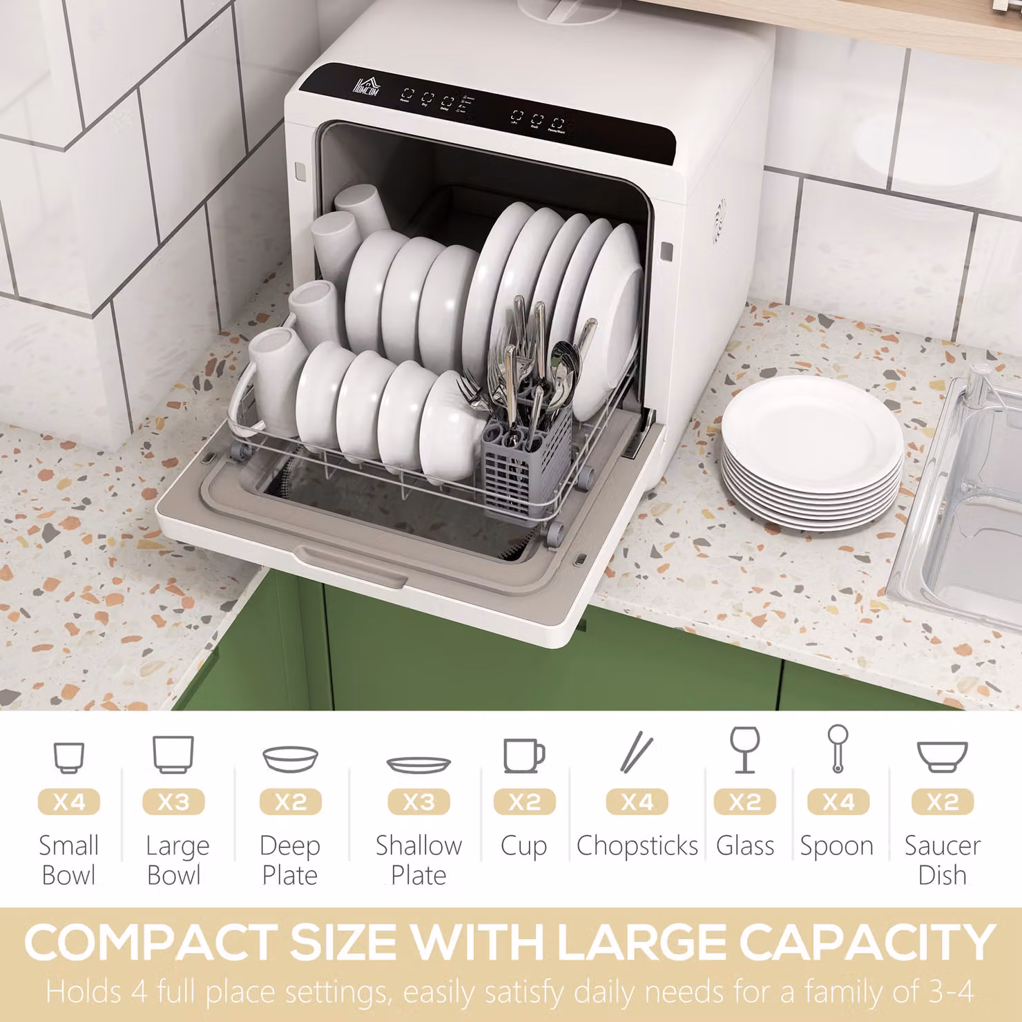 HOMCOM White Mini Countertop Dishwasher with 4 Place Settings, 6 Programmes and 6L Water Tank – 4