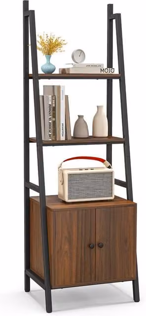 Costway 4-Tier Industrial Ladder Bookshelf with Cabinet in Brown