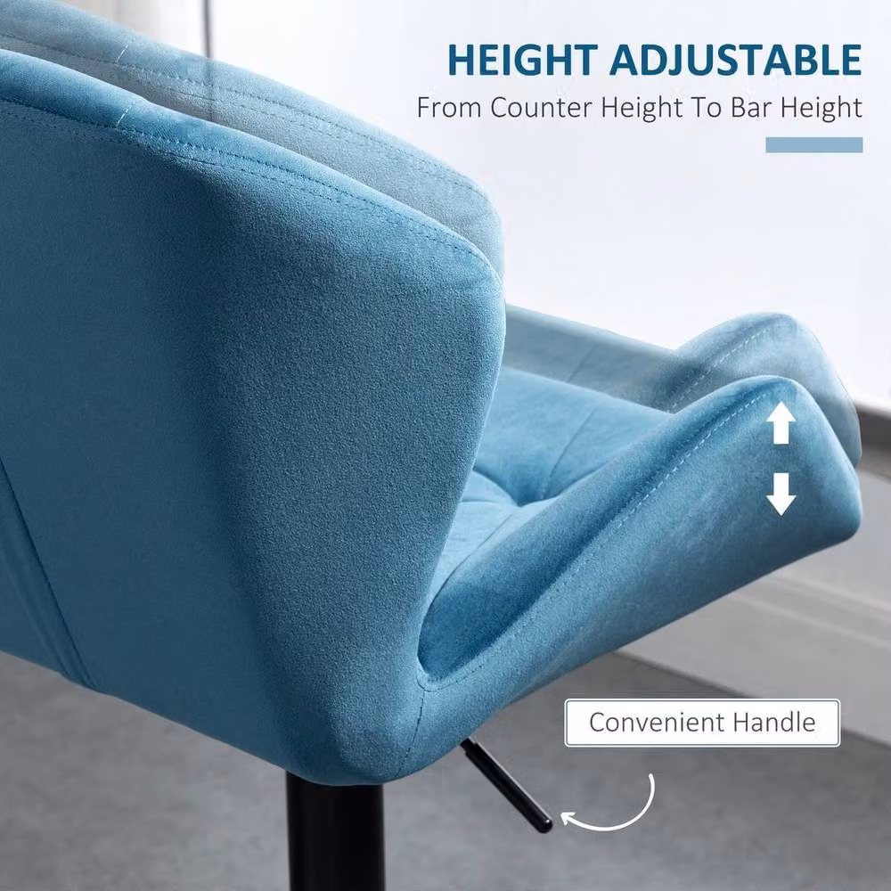 HOMCOM Set of 2 Blue Velvet-Touch Bar Stools with Metal Frame – 3
