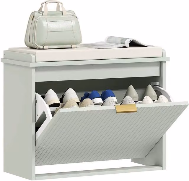 NESTLUNE Shoe Storage Bench with Cushion and Flip-Drawer in Green and Gold, W: 62 cm, D: 26 cm, H: 47.5 cm