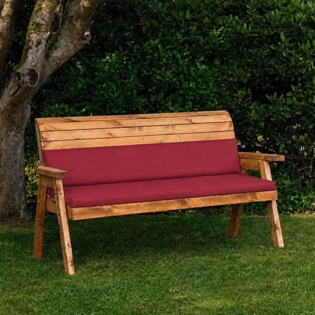 Samuel Alexander 3 Seater Rustic Wooden Garden Bench with Waterproof Burgundy Fabric Cushions