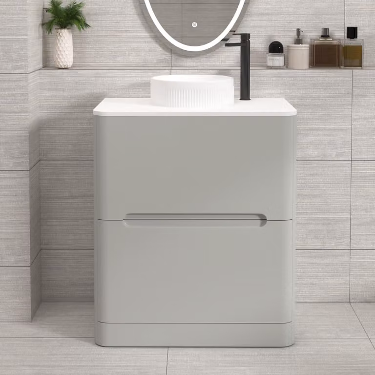 Royal Bathrooms Venice 700mm Floor Standing Vanity Unit in Dove Grey with 2 Drawers, Plain White Worktop and Round Basin