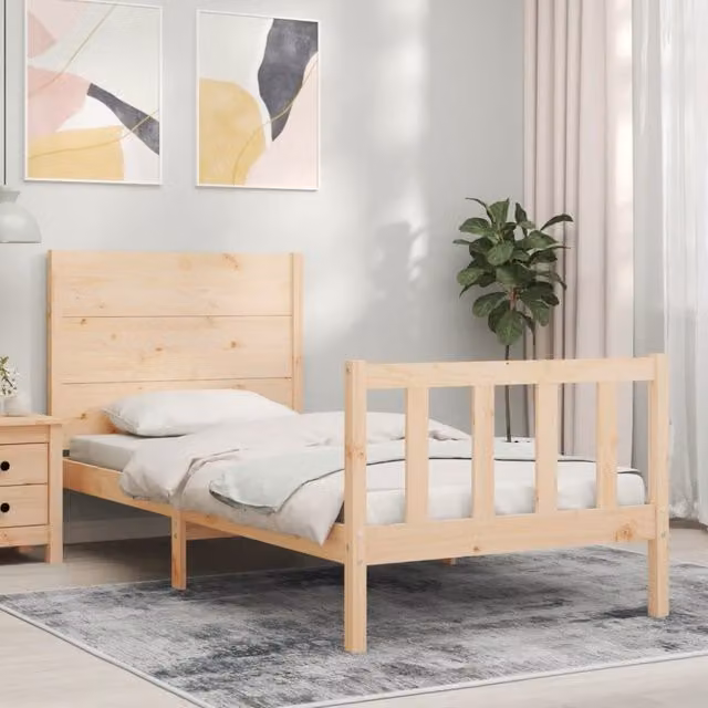 Berkfield Home Solid Wood Pine Bed Frame with Headboard in Brown, W/D/H: 90 x 200 cm