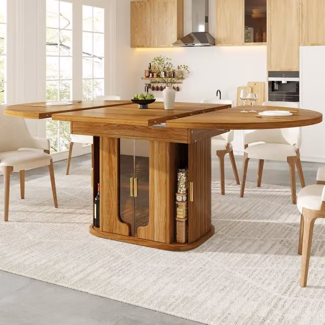 Aosom UK Extendable Round Dining Table with Hidden Storage and Glass Doors in Brown, W/D/H: 118 x 118 x 77 cm (Extends to 158 cm) – 1