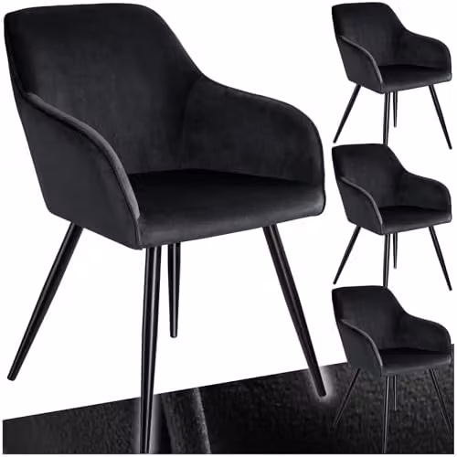 tectake Set of 4 Marilyn Dining Chairs in Black Velvet Look with Armrests and Metal Legs – 1