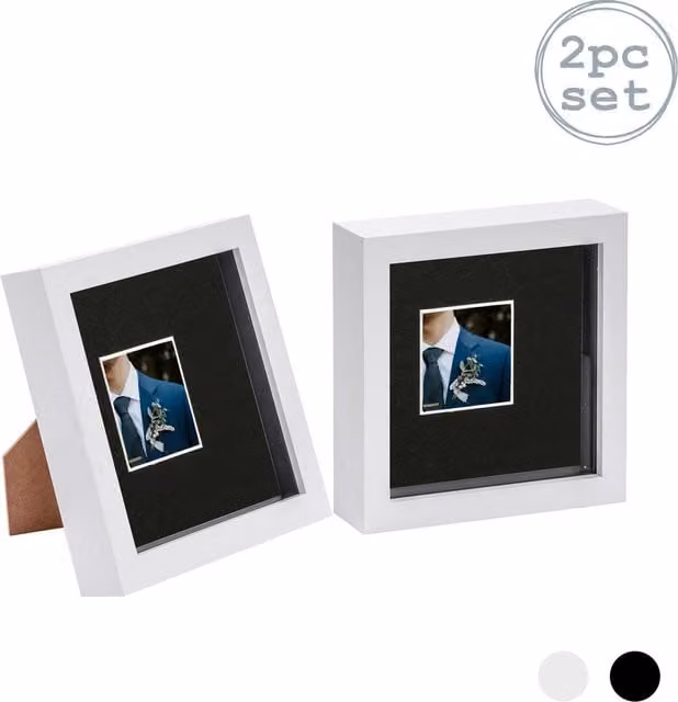 Nicola Spring Pack of 2 Square 3D Box Photo Frames in White and Black with 2 x 2 inch Mounts