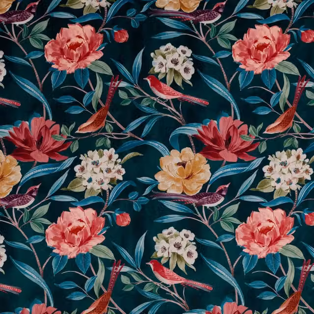 Terrys Shangri La Jade Floral Velvet Fabric Panel in Red, Blue and Multicolour