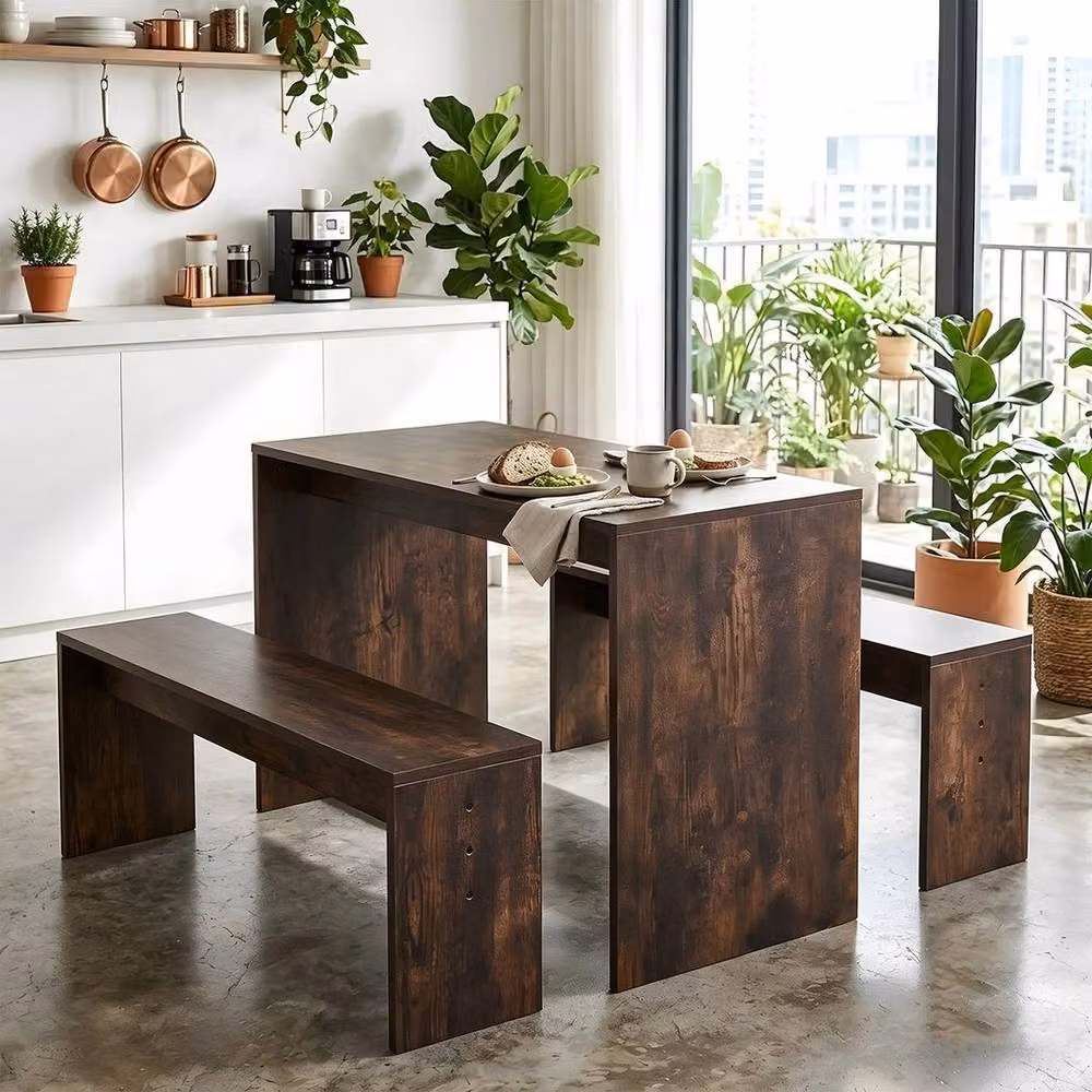 KORVIXA 3-Piece Rustic Brown Wooden Square Dining Table and Bench Set, W/D/H: 100 x 100 x 100 cm – 3