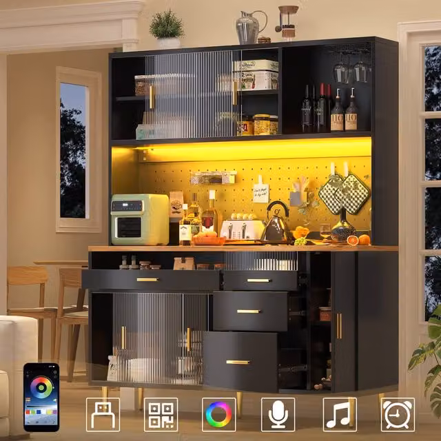 ModernLuxe Modern Black Kitchen Tall Cupboard with LED Lighting and 4 Internal Drawers, H: 171 cm, W: 39 cm, D: 40 cm – 1
