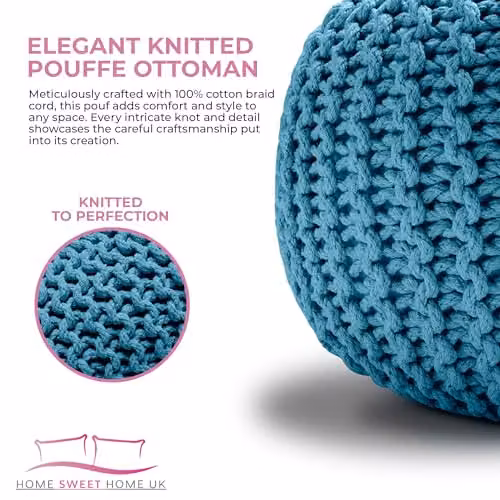 Snug City Petrol Blue Chunky Knitted Cotton Round Pouffe Ottoman W/D/H: 50 x 50 x 30 cm – 6