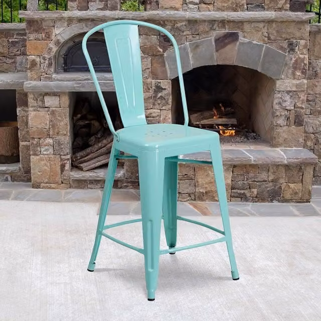 FWStyle 24 Inch Distressed Metal Indoor and Outdoor Counter High Stools in Mint Blue