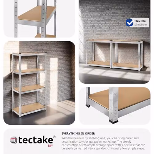tectake 4-Tier Heavy-Duty Shelving Unit with Galvanised Steel Frame and Adjustable MDF Shelves in Silver, H 160 x W 80 x D 40 cm – 3