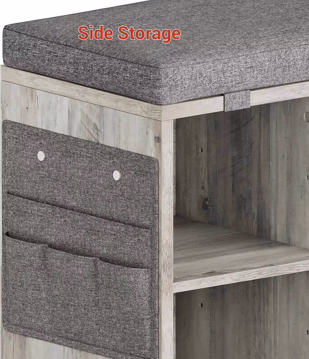 London Boutique Shoe Storage Bench and Rack Organiser with Adjustable Shelf and Padded Grey Fabric Seat – 5
