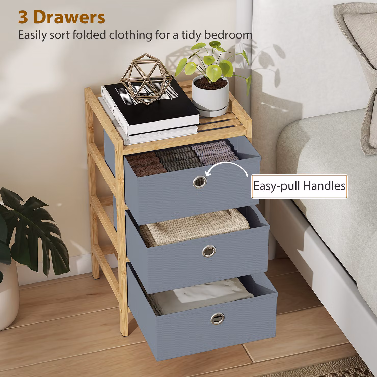 HOMCOM Narrow Chest of Drawers with 3 Fabric Drawers and Bamboo Frame, Light Grey – 4