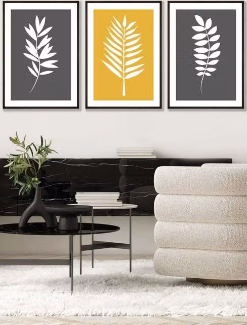 ARTZE Boho Botanical Graphical Leaves Framed Wall Art in Grey, Yellow and Black, W: 53 cm, H: 73 cm, D: 2 cm
