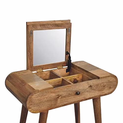 Artisan Furniture Mango Wood Round Dressing Table with Tri-Fold Mirror in Brown – 3