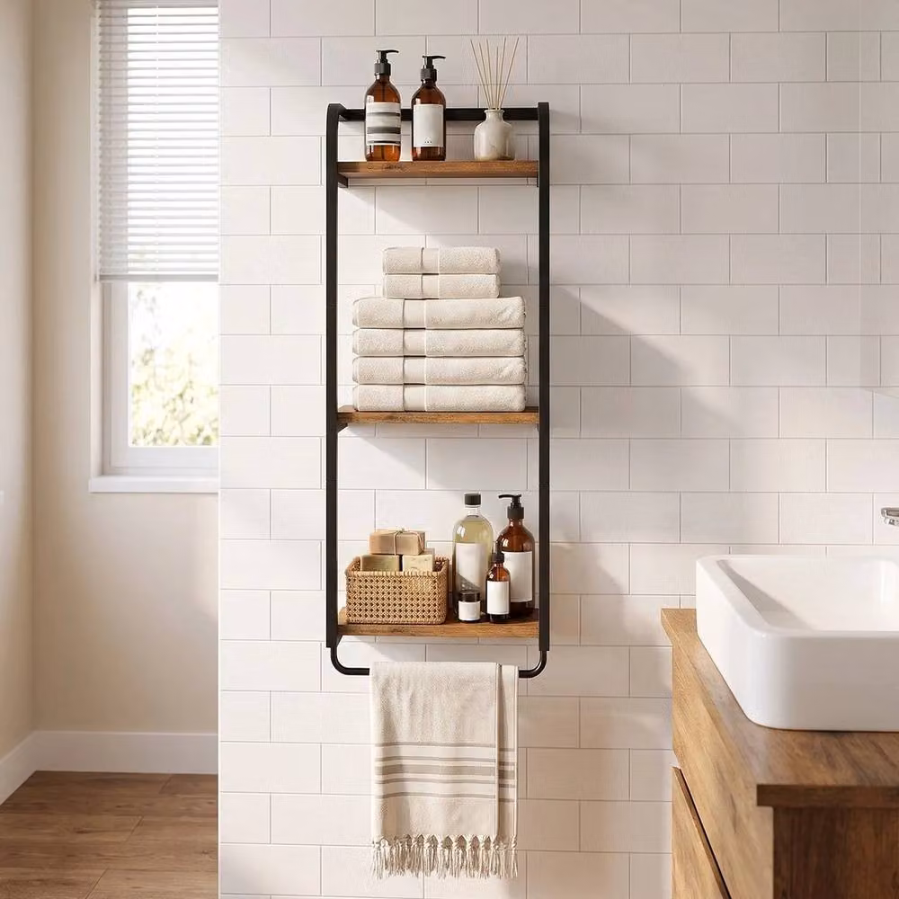 KORVIXA Brown Wood Adhesive Towel Rack and Storage Holder W: 100 cm, H: 60 cm – 3