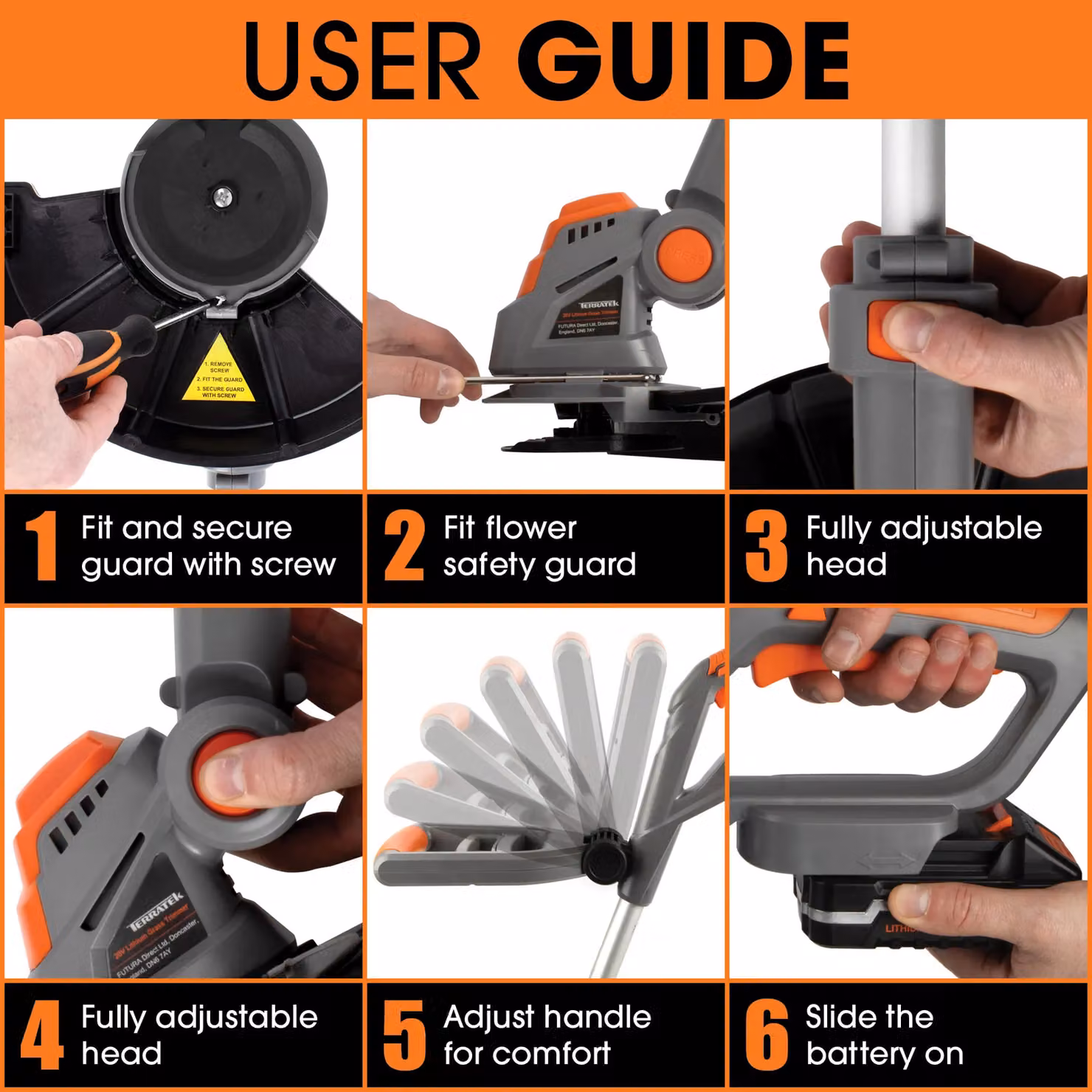Terratek 20V 2 in 1 Electric Cordless Grass Strimmer and Garden Trimmer with Rechargeable Battery and Blades in Orange – 7