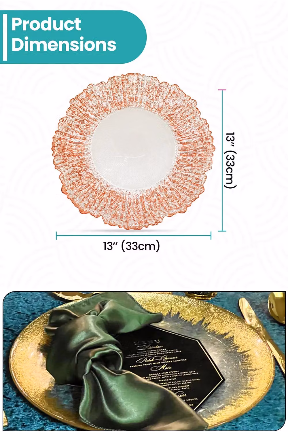 Neel Blue Crackled Glass Charger Plates in Blue and Rose Gold, Diameter: 33 cm – 1