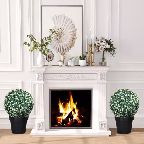 HOMCOM Set of 2 Hanging Artificial Floral Topiary Balls with Flowers, Green and White, Diameter: 40 cm – 5