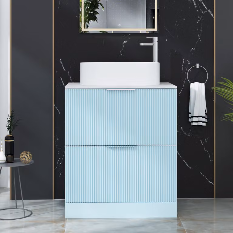 Royal Bathrooms Evora Powder Blue Fluted Floor Standing Countertop Vanity Unit with 2 Drawers and Peak Basin