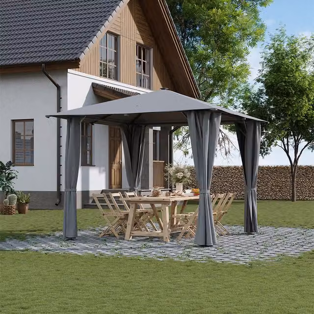 Livingandhome Solar LED Garden Gazebo with Curtains, Light Grey, W/D/H: 300 x 300 x 300 cm
