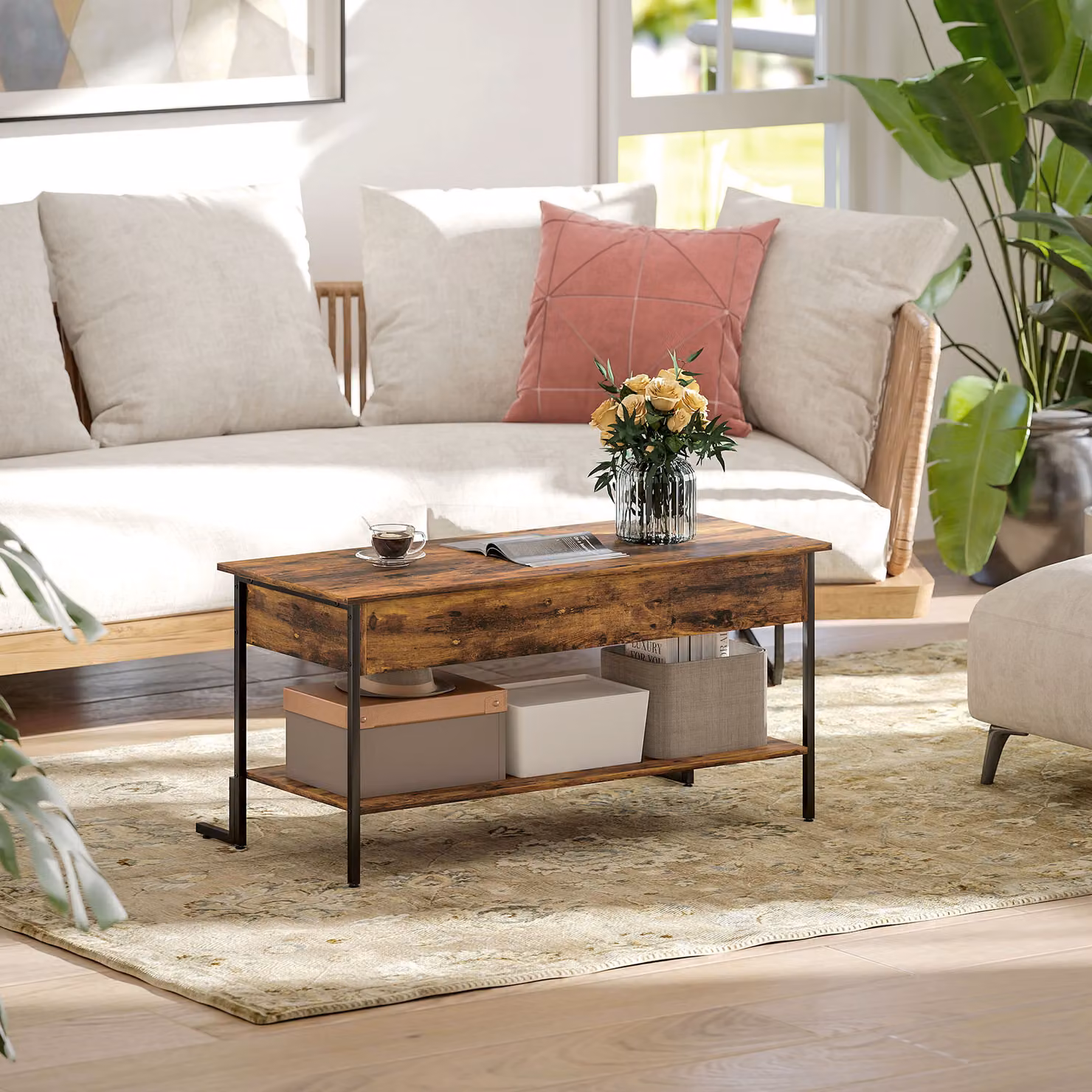 HOMCOM Industrial Lift-Top Coffee Table with Storage, Brown and Black, W: 95.0 cm, D: 59.0 cm, H: 44.0 cm – 8