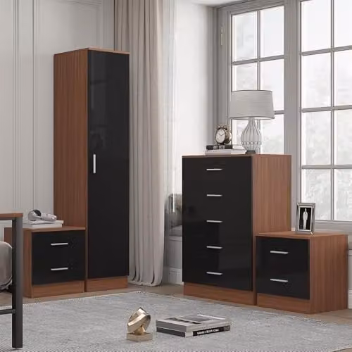 Reflect Modern Bedroom Furniture Set in Black Gloss and Walnut Finish featuring 1 Door Wardrobe, 5 Drawer Chest and 2 Bedside Tables
