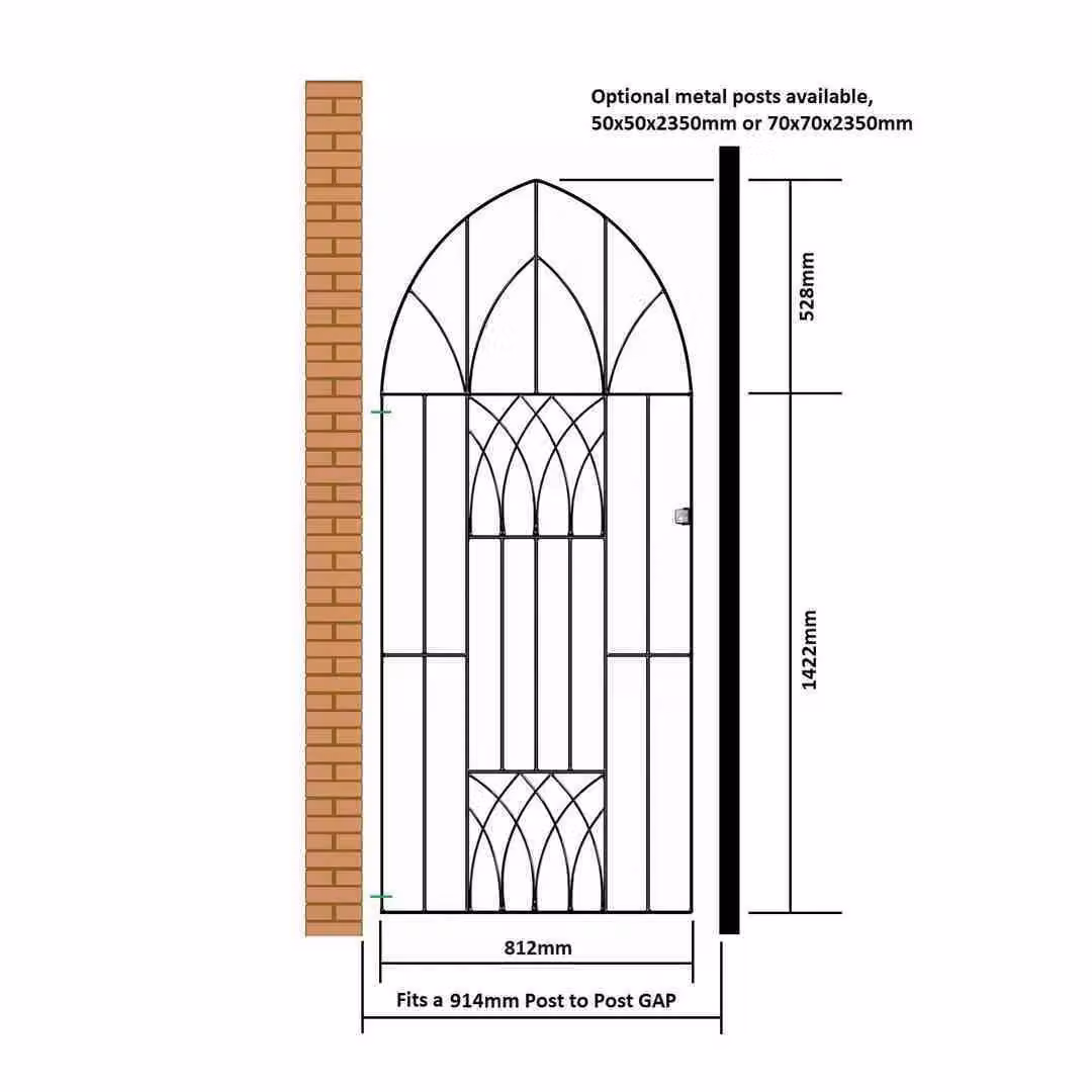 Burbage Iron Craft Abbey Modern Tall Arch Bow Top Single Gate in Black, W: 91.4 cm, H: 195 cm – 2