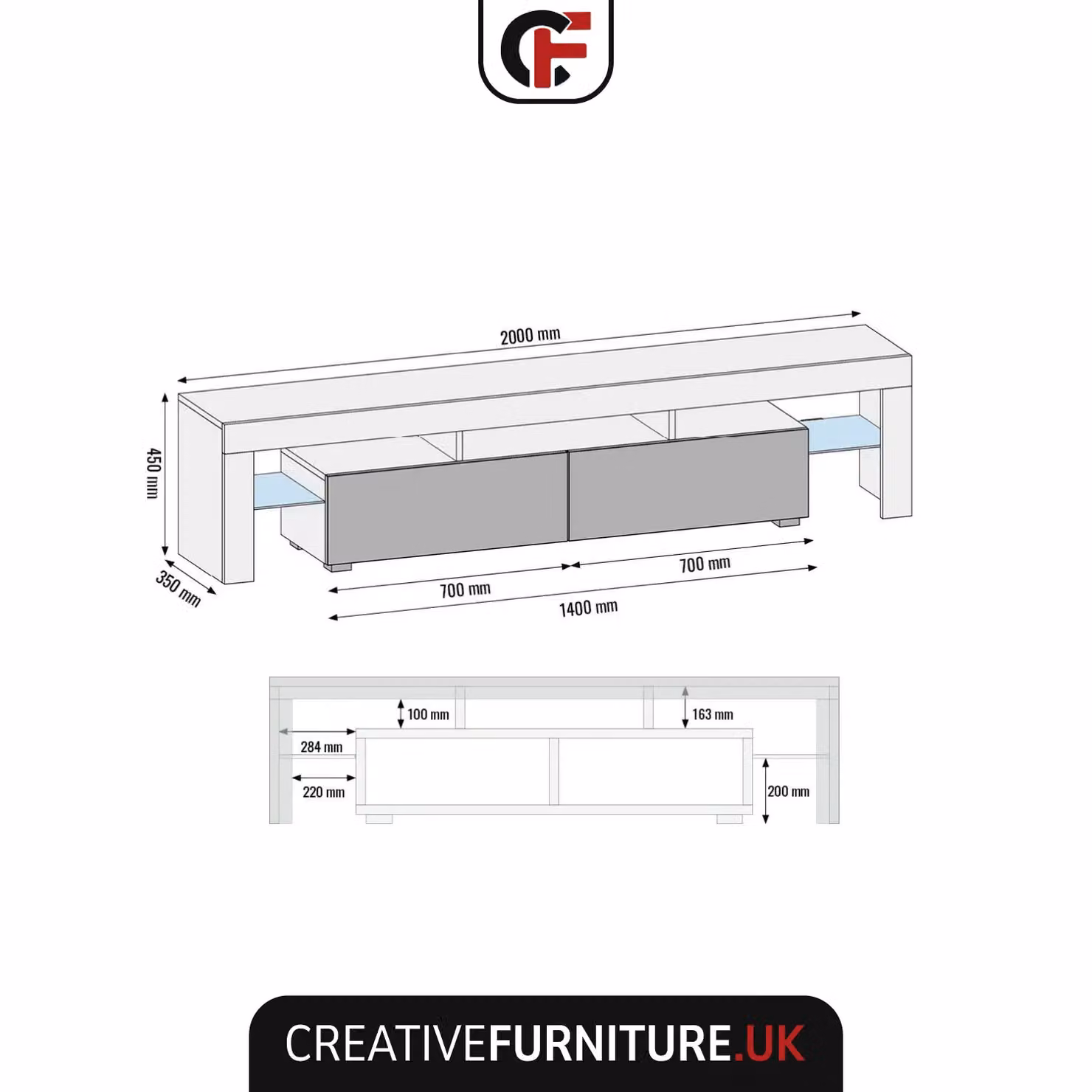 Creative Furniture Nova TV Unit in Dark Grey with Glossy Doors and LED Lights, W: 200 cm, D: 45 cm, H: 35 cm – 2