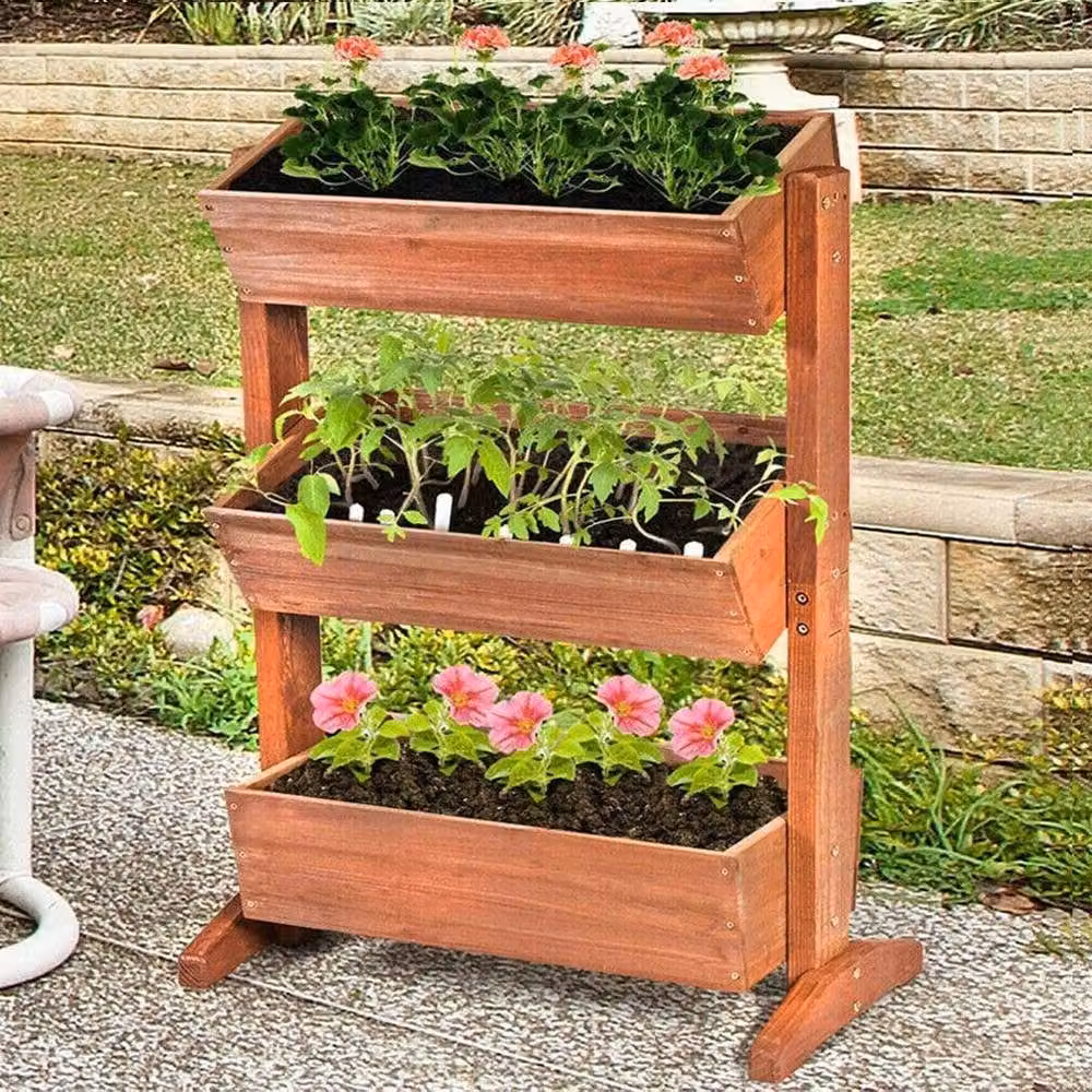 FLAVORA 3 Tier Wooden Raised Garden Bed Vertical Ladder Planter Box in Brown – 6