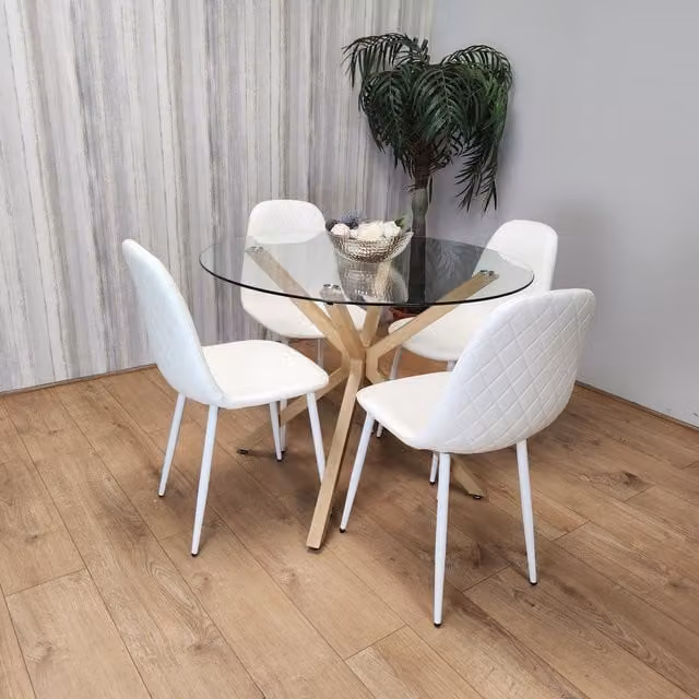 Kosy Koala Modern Round Glass Dining Table and Chairs Set in Transparent White