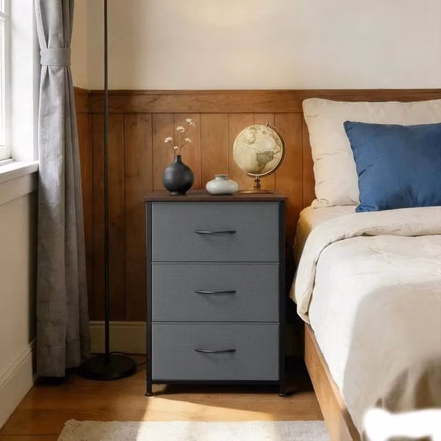 London Boutique Grey Fabric 3-Drawer Bedside Cabinet and Chest of Drawers, W/D/H: 40 x 30 x 75 cm