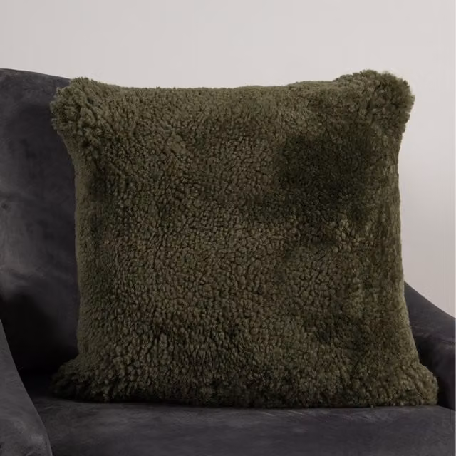 Native Natural Short Pile Lambskin Square Cushion in Khaki/Beige/Green