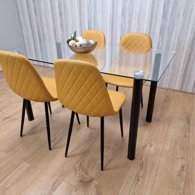 Kosy Koala Modern Rectangular Glass Dining Table and 4 Yellow Chairs Set, W: 140 cm