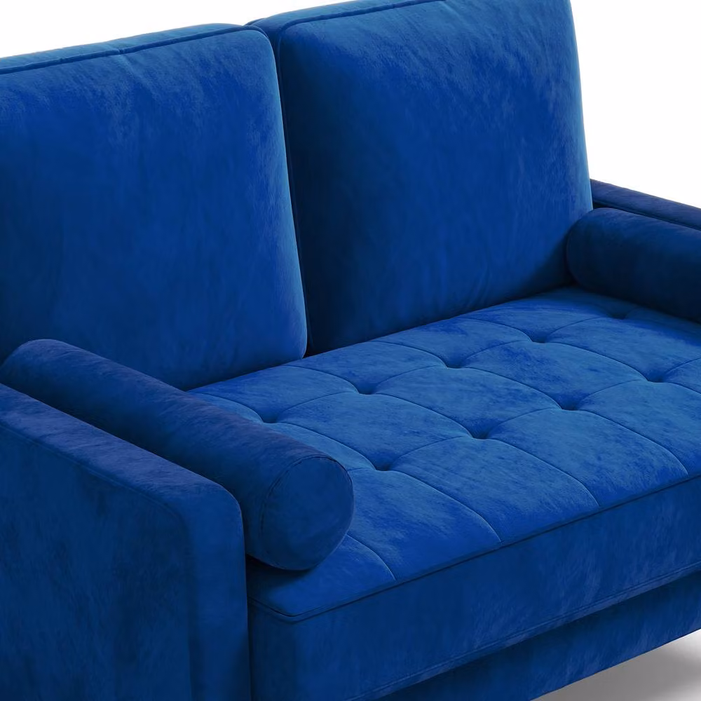 Dprodo Blue Velvet Mid-Century Love Seat Couch with 2 Scatter Cushions, Width: 121 cm – 6