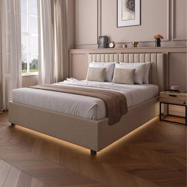 XR Living Maisie Upholstered Ottoman Bed with LED Lighting in Beige, W/D/H: 180 x 200 cm