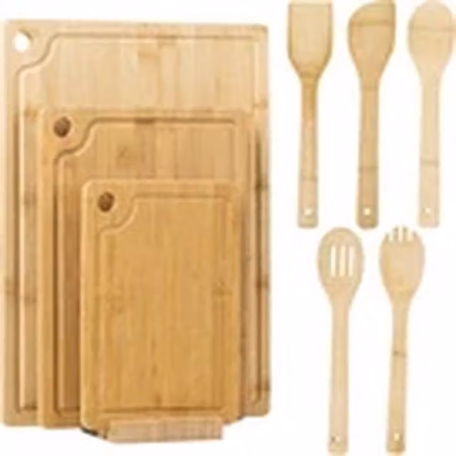 EONLION Natural Bamboo 3-Piece Rectangular Chopping Board Set with Stand and 5 Utensils in Brown and Beige – 1