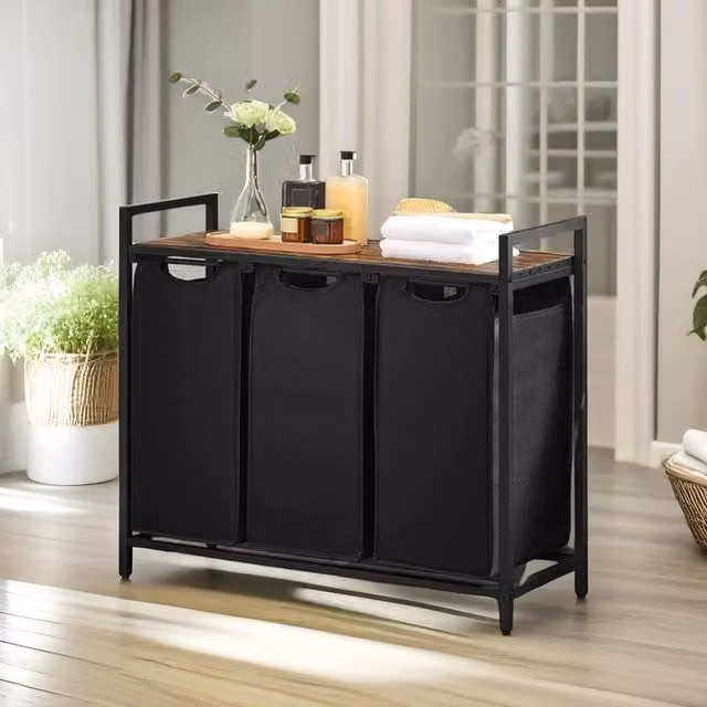 Pirlo Plush Industrial 3 Compartment Laundry Basket with Removable Bags in Brown